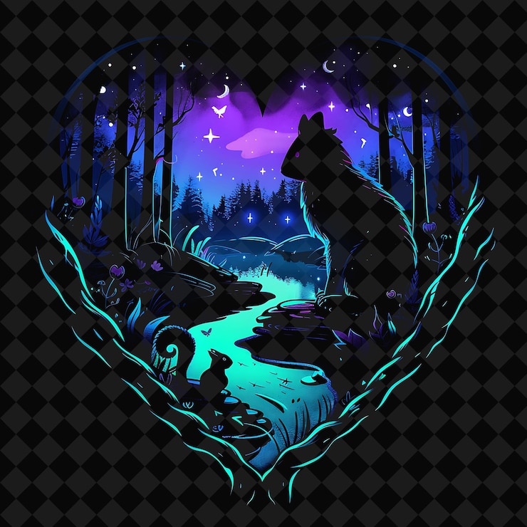 PSD open fantasy nights enchanted landscapes with neon forest y2k art and illustration animal designs