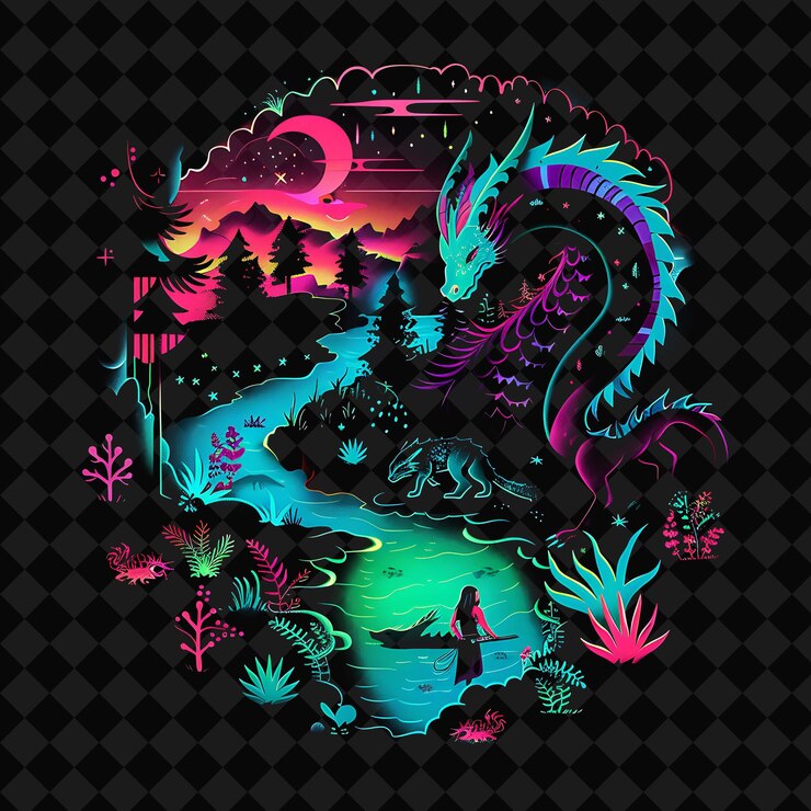 PSD open fantasy nights enchanted landscapes with neon forest y2k art and illustration animal designs
