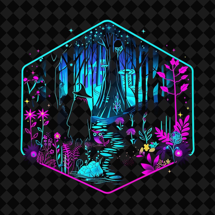 PSD open fantasy nights enchanted landscapes with neon forest y2k art and illustration animal designs