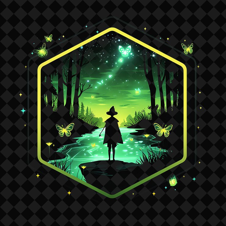 PSD open fantasy nights enchanted landscapes with neon forest y2k art and illustration animal designs