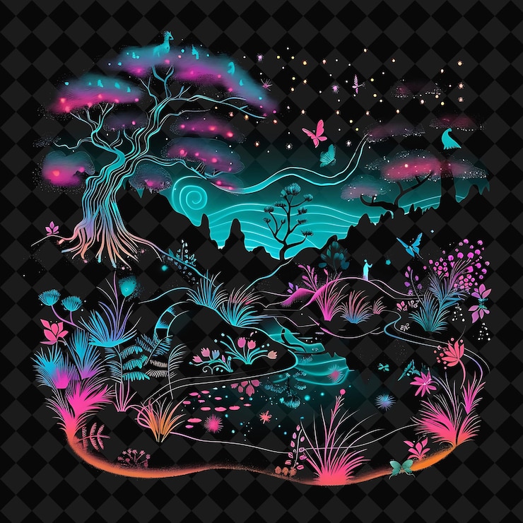 PSD open fantasy nights enchanted landscapes with neon forest y2k art and illustration animal designs