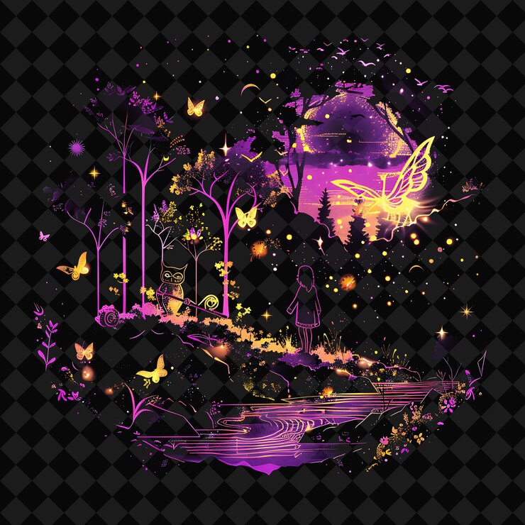 PSD open fantasy nights enchanted landscapes with neon forest y2k art and illustration animal designs