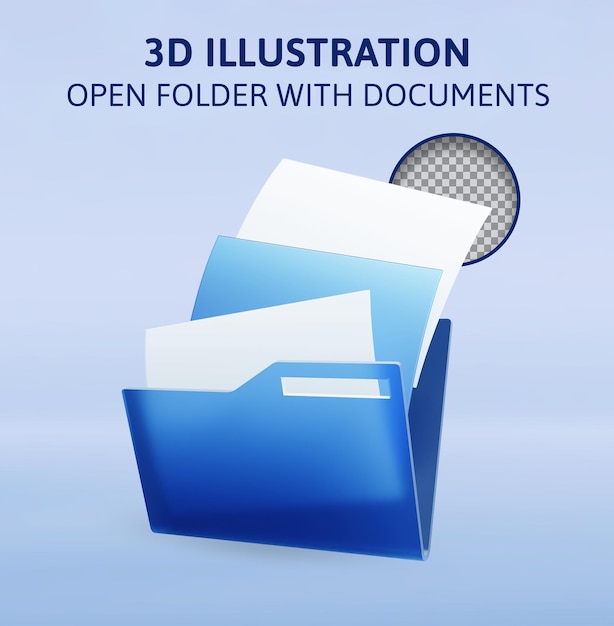 문서와 3D 렌더링 일러스트레이션이 있는 폴더를 열기
