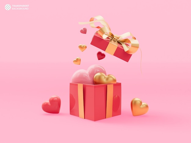 PSD aprire la confezione regalo con l'illustrazione del rendering 3d dell'icona del cuore dell'amore