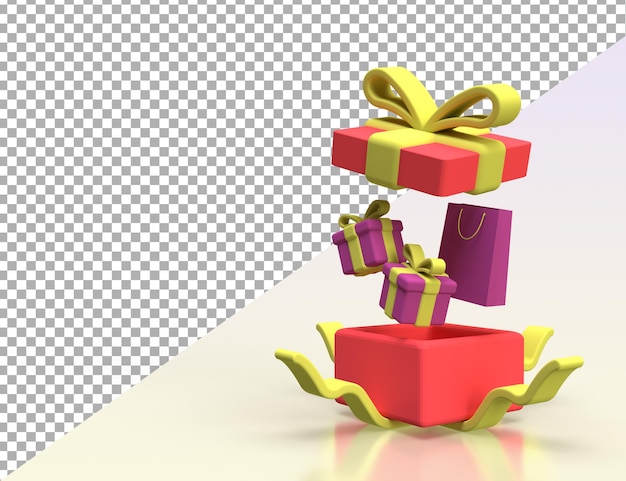 Illustrazione del concetto di scatole regalo a sorpresa aperta per il concetto di idea aziendale background3drender