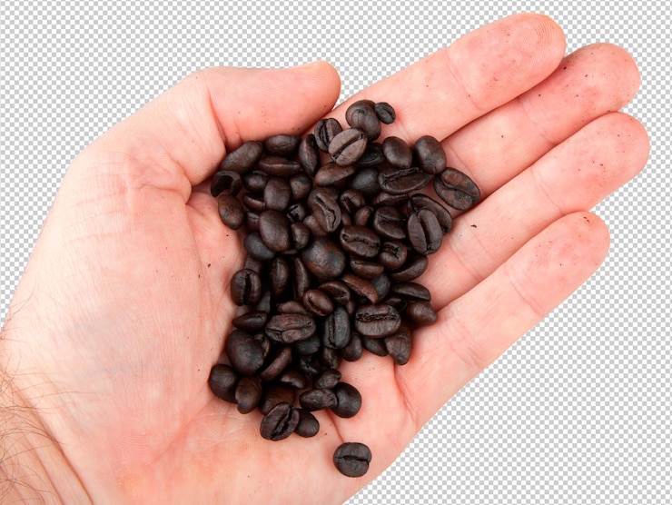 PSD open hand with roasted coffee beans transparent background png