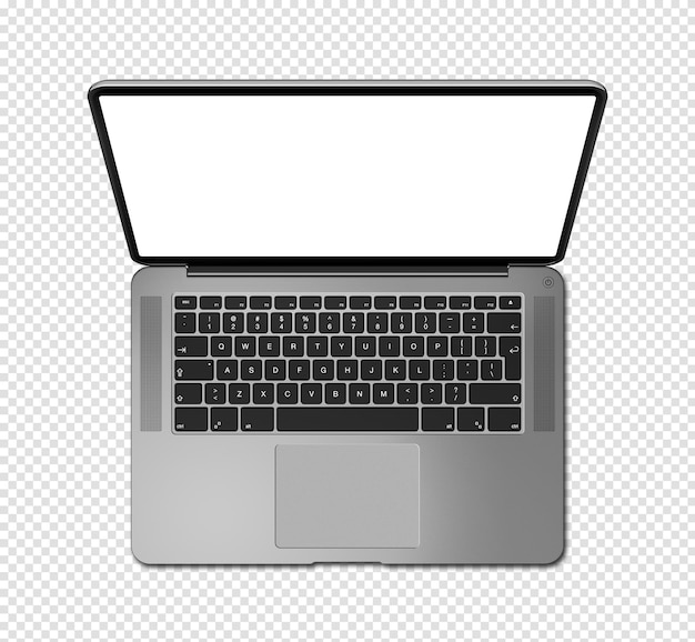 Open laptop top view with blank screen isolated on transparent background Dark silver 3D render illustration