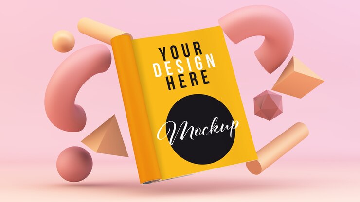 PSD open magazine floating with abstract shapes mockup
