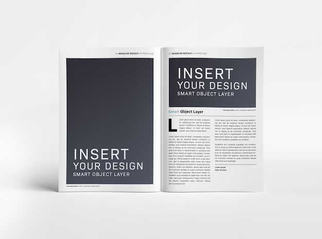 Open magazine on white surface mockup