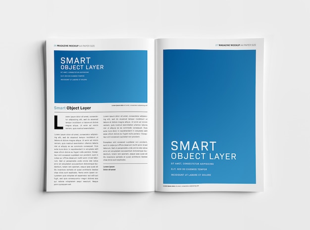 Open magazine on white surface Mockup