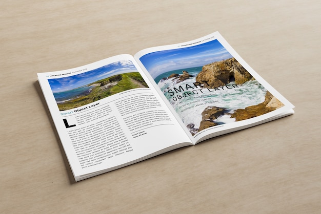 Open magazine on wooden surface mockup