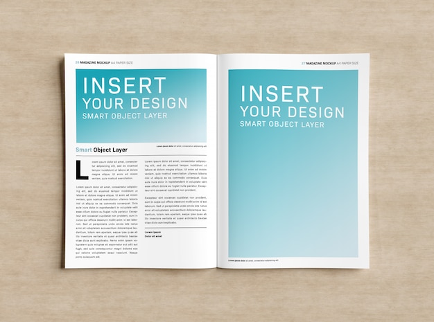 Open magazine on wooden surface Mockup