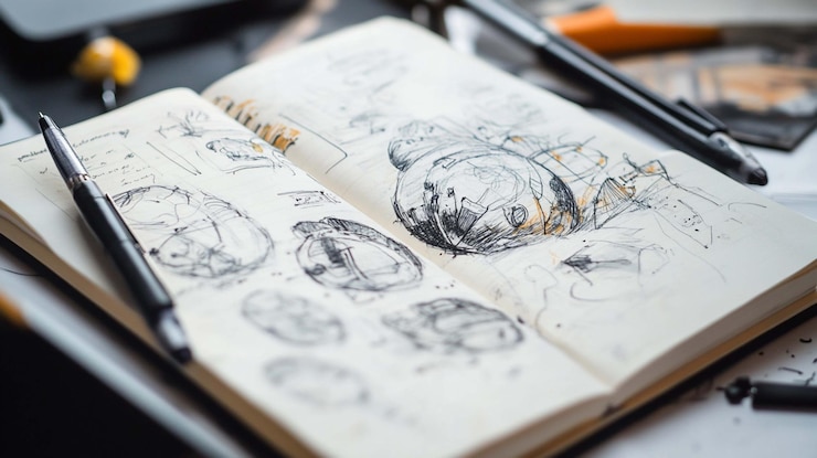PSD open notebook filled with detailed sketches of various objects likely concept art or design ideas