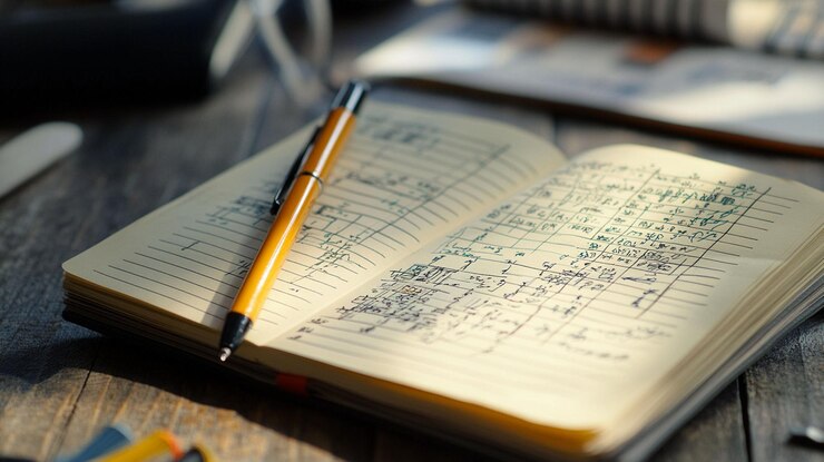 PSD open notebook with handwritten notes and pen on wooden table