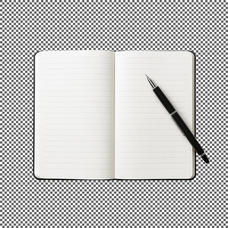 PSD open notebook with pen on a checkered surface