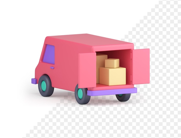 Open roze minibus vol kartonnen dozen pakket pakket koerier logistieke distributie 3d-pictogram