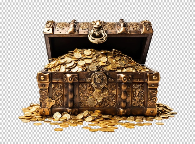 PSD open treasure chest full of gold coins isolated on transparent background