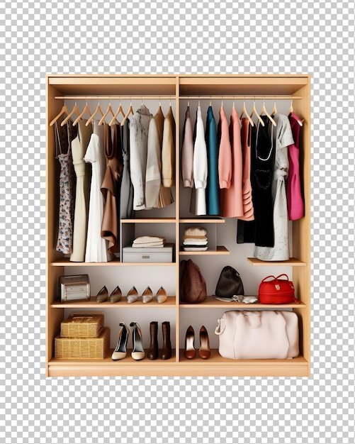 PSD Открытый деревянный шкаф, полный аксессуаров, одежды, обуви, сумочки и т. д. изолированы на прозрачном фоне