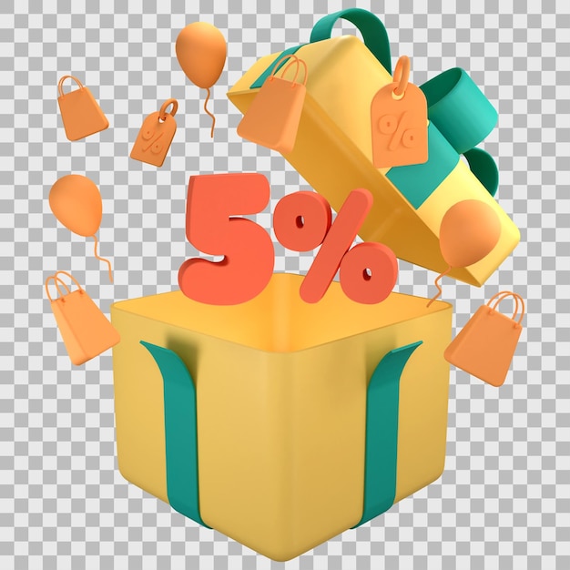 Opened 3D Gift Box and five percent discount with transparent background