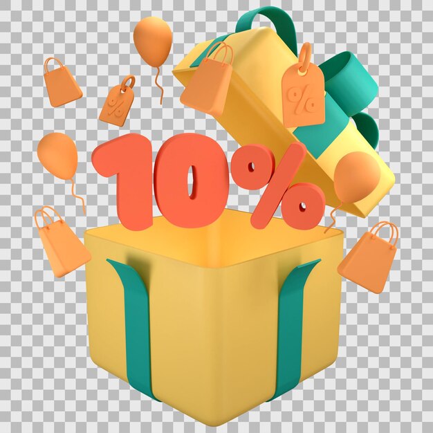 Opened 3d gift box and ten percent discount with transparent background