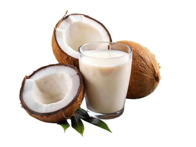 opened coconuts glass of homemade coconut milk and coconut chunks on transparent background png
