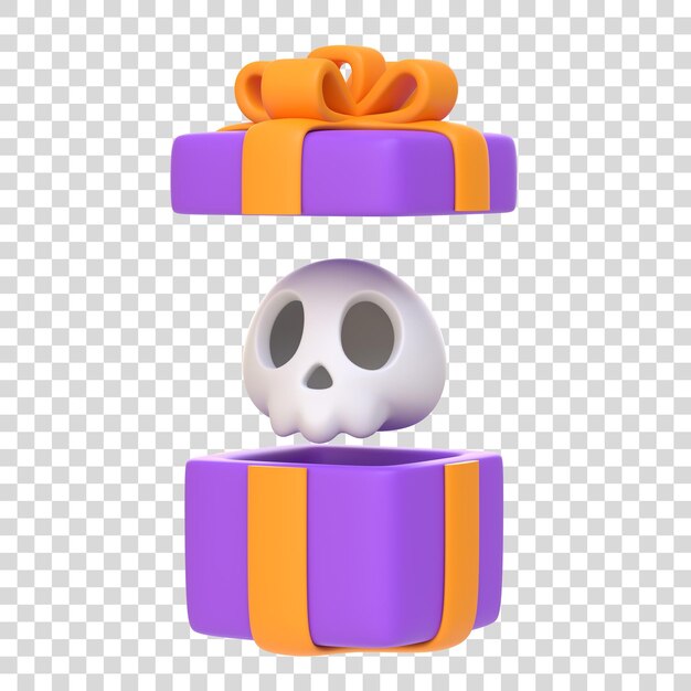 opened gift box with cartoon skull isolated on white background happy halloween concept 3d render