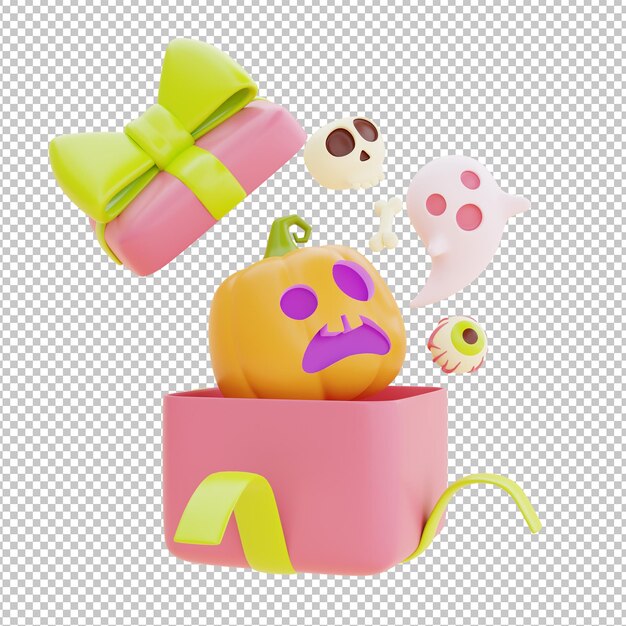 흰색 배경의 전통적인 10월 휴일 3d 렌더링에 할로윈 JackoLantern 호박과 다채로운 사탕이 있는 선물 상자를 열었습니다.