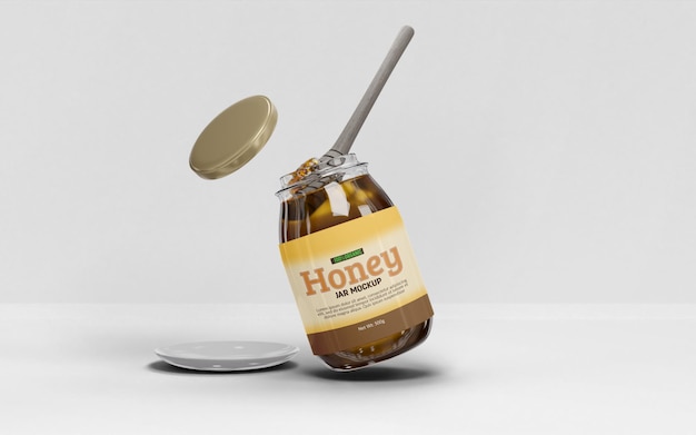 PSD Изолированный макет упаковки банки с медом с открытой крышкой