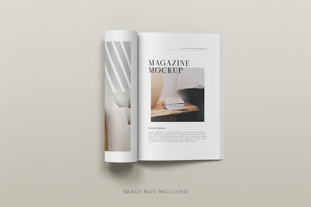 PSD opened magazine a4 mockup top angle view