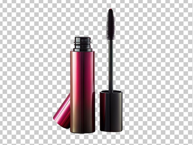 PSD opened mascara and brush white background isolated close up black tube eye mascara container