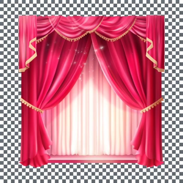 Opened pink curtain with ribbon isolated on transparent background