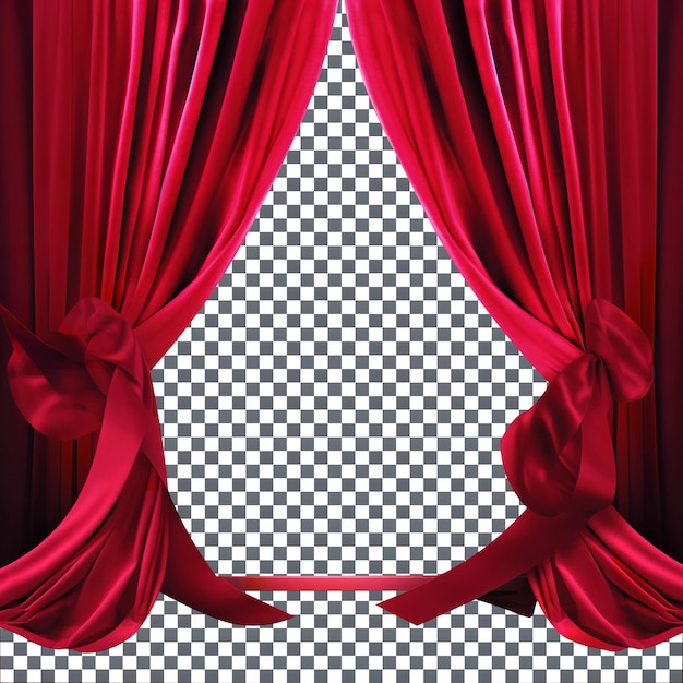 PSD opened red curtain with ribbon isolated on transparent background