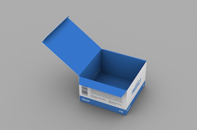 Opened square product box packaging mockup for brand advertising on a clean background