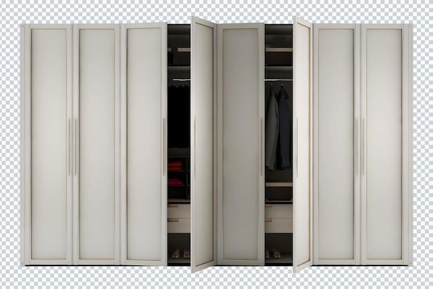 PSD opened white cupboard 8 doors mockup isolated. transparent.