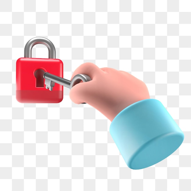 Opening padlock with key 3d render illustration isolated transparent background