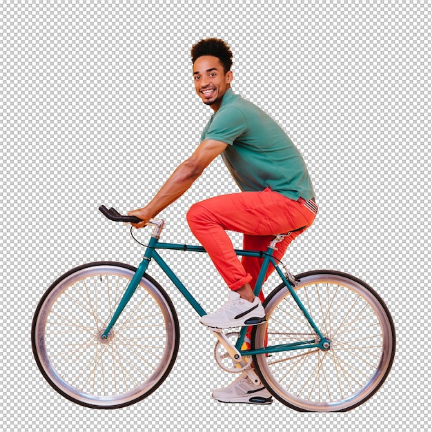 Opgewonden mannelijk model in witte sportschoenen poseert op een fiets Indoor foto van vrolijke Afrikaanse man die op een fiets zit en kijkt