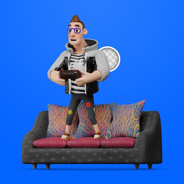 Opgewonden om thuis videogames te spelen. 3d illustratie