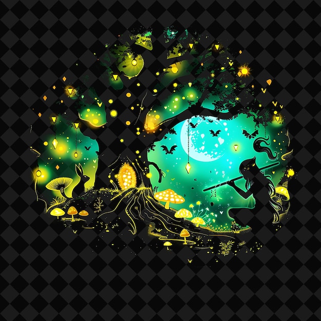 Öppna Fantasy Nights förtrollade landskap med Neon Forest Y2K konst och illustrationsdjurdesigner
