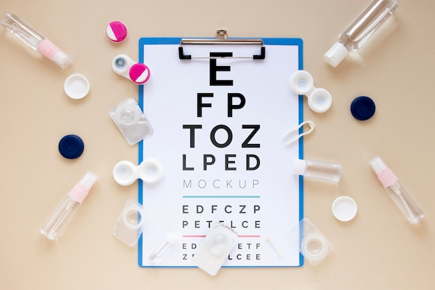 optics still life composition with clipboard mock-up