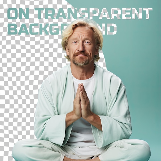 PSD a optimistic middle aged man with blonde hair from the mongolic ethnicity dressed in meditating for relaxation attire poses in a crossed arms confidence style against a pastel mint backgrou