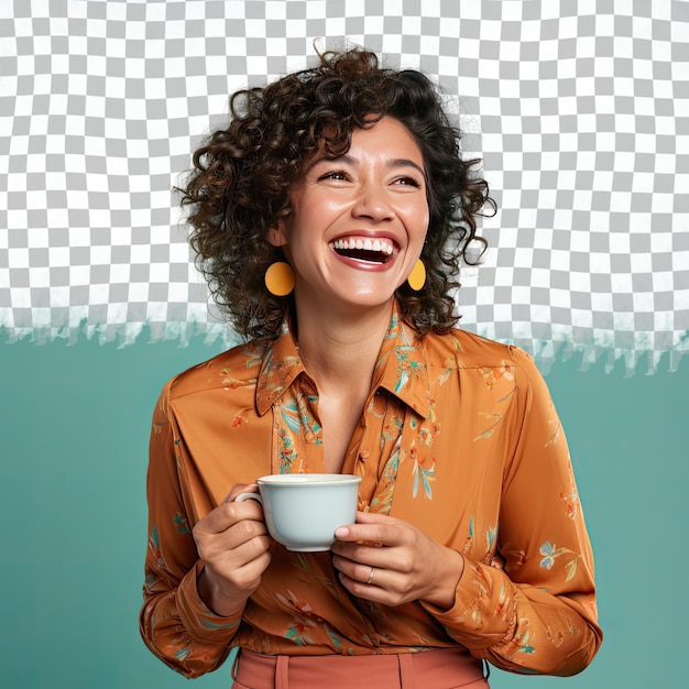 Una donna ottimista di mezza età con i capelli ricci di etnia ispanica vestita in abito da caffè brewing posa in stile playful laugh su uno sfondo di menta pastello