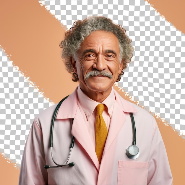 PSD a optimistic senior man with curly hair from the hispanic ethnicity dressed in radiologist attire poses in a head tilt with a serious expression style against a pastel peach background