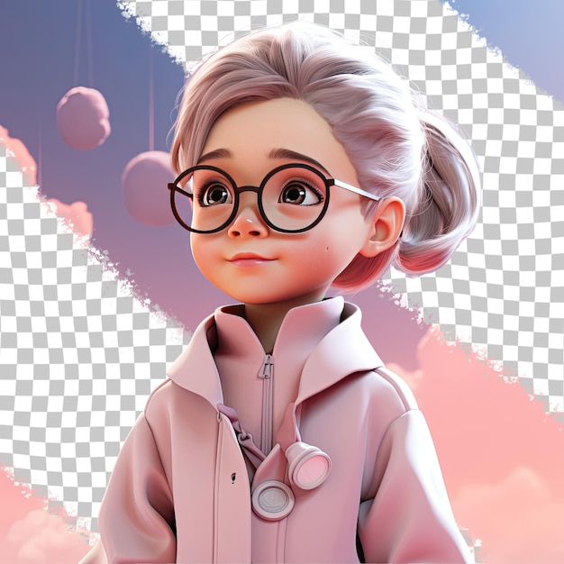 PSD a optimistic toddle girl with bald hair from the mongolic ethnicity dressed in epidemiologist attire poses in a eyes looking over glasses style against a pastel mauve background