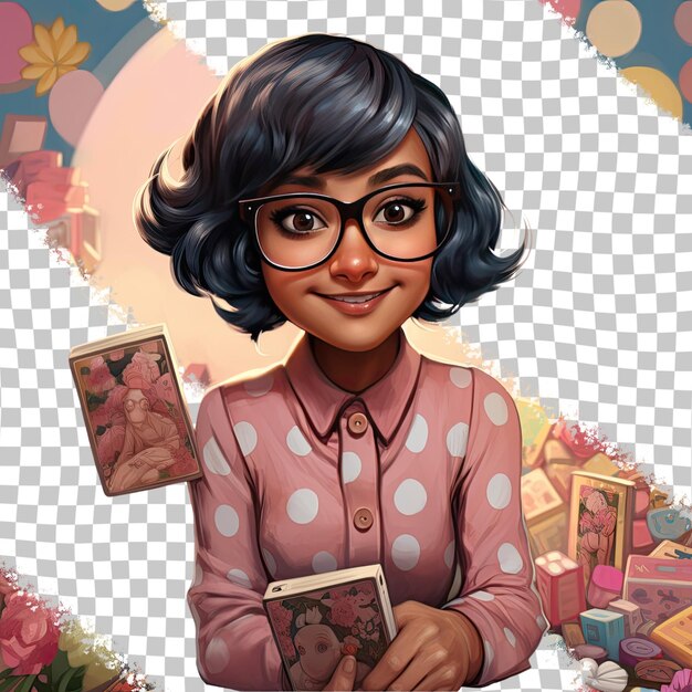 PSD a optimistic toddle girl with short hair from the south asian ethnicity dressed in playing board games attire poses in a one hand on waist style against a pastel rose background