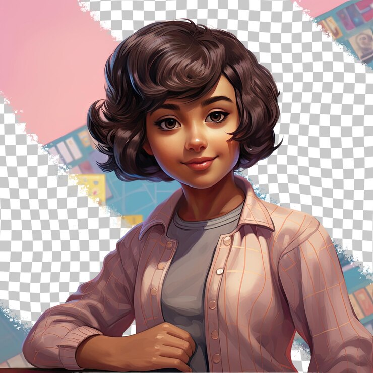 PSD a optimistic toddle girl with short hair from the south asian ethnicity dressed in playing board games attire poses in a one hand on waist style against a pastel rose background