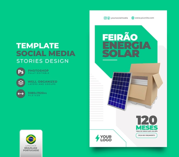 Opublikuj Energię Słoneczną W Mediach Społecznościowych W Portugalskim Renderowaniu 3d Do Kampanii Marketingowej W Brazylii