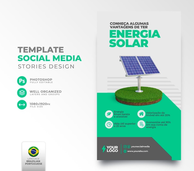 Opublikuj Energię Słoneczną W Mediach Społecznościowych W Portugalskim Renderowaniu 3d Do Kampanii Marketingowej W Brazylii