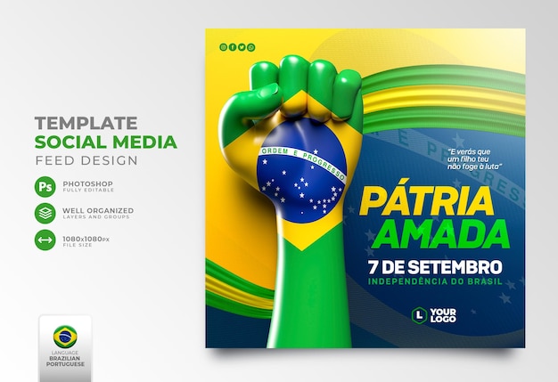PSD opublikuj w mediach społecznościowych dzień niepodległości brazylia w 3d render portugalski