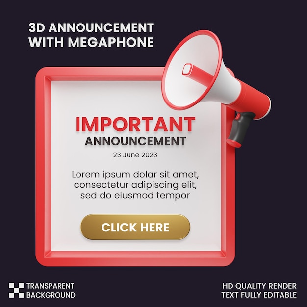 PSD opublikuj ważne ogłoszenie w mediach społecznościowych z ikoną megafonu renderowania 3d