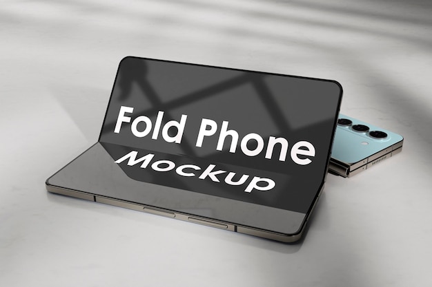 PSD opvouwbare smartphone mockup met schaduw overlay en scherm reflectie